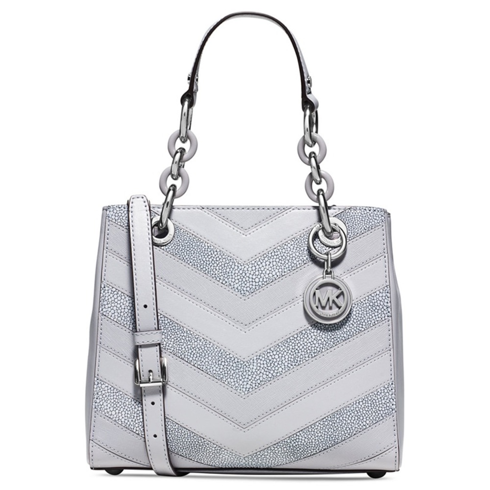 New Michael Kors cynthia  satchel chevron patches dove silver bag tote $368